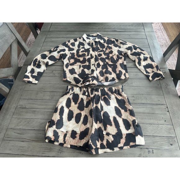 GANNI Silk Linen Leopard Print Shirt + Matching Shorts SET Size 32 XS - Picture 5 of 13
